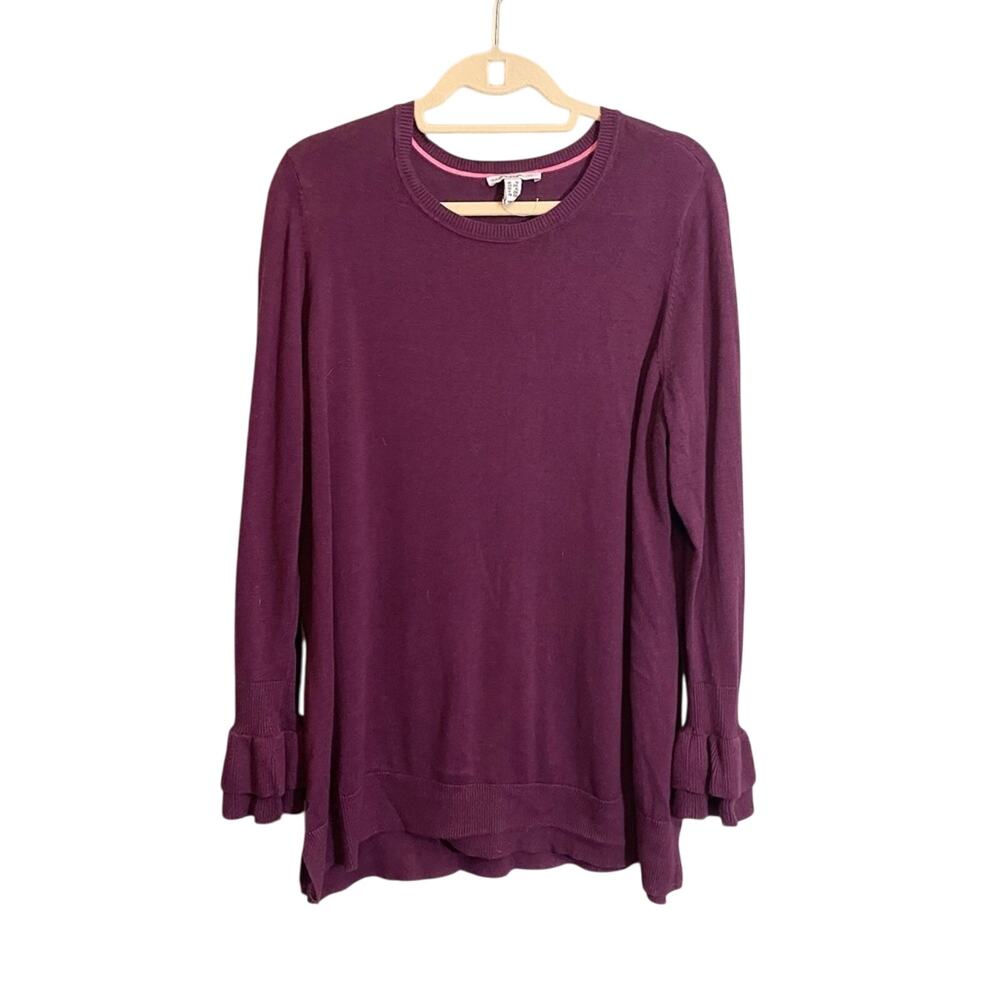 Isaac Mizrahi Live! Women's Purple Crew Neck Long Ruffle Bell Sleeve‎ Sweater 1X